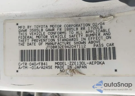 2004 Toyota Corolla Ce z USA, uszkodzony, nr VIN JTDBR32E942047112